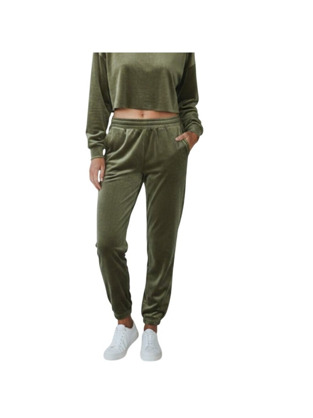 ARAMINTA JAMES Velour Trackiepant Women 8/S Khaki Stylish Travel Loungewear NWT